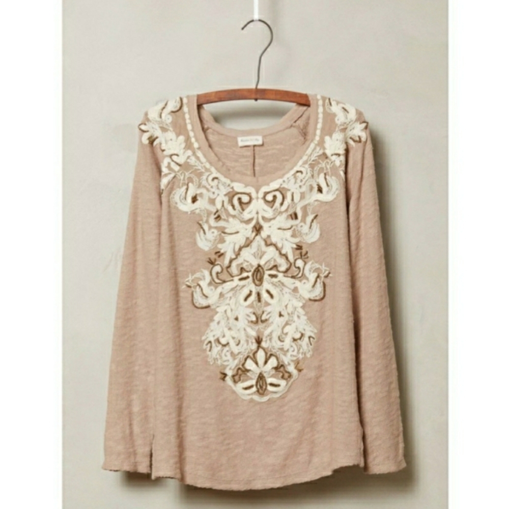 Anthro Meadow Rue Beige Embroidered Sweater Top
